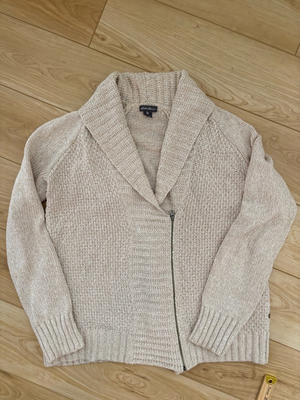 Vintage Beige Shawl Collar Zip Knit Cardigan Cozy Cotton Blend Cottage Lagenlook